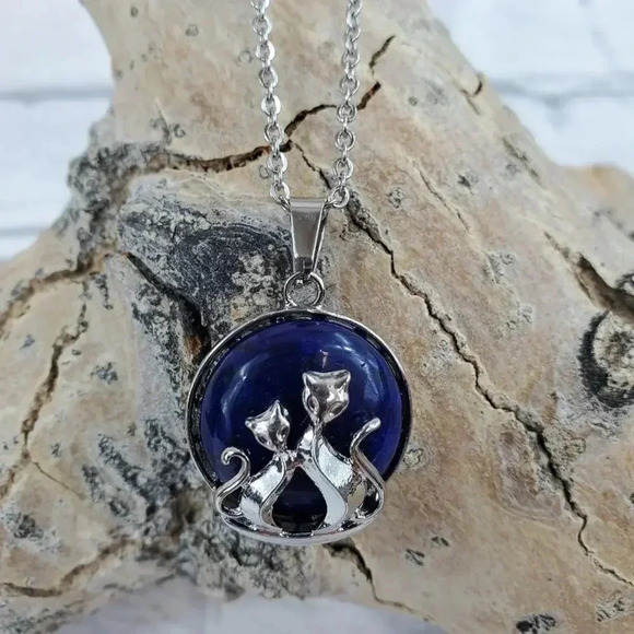Lapis Lazuli Mother and Baby Cat Necklace with Natural Stone Center - Picture 7 of 8
